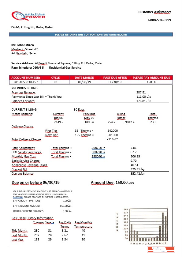 Qatar Power Company QPOWER electricity bill in Word format